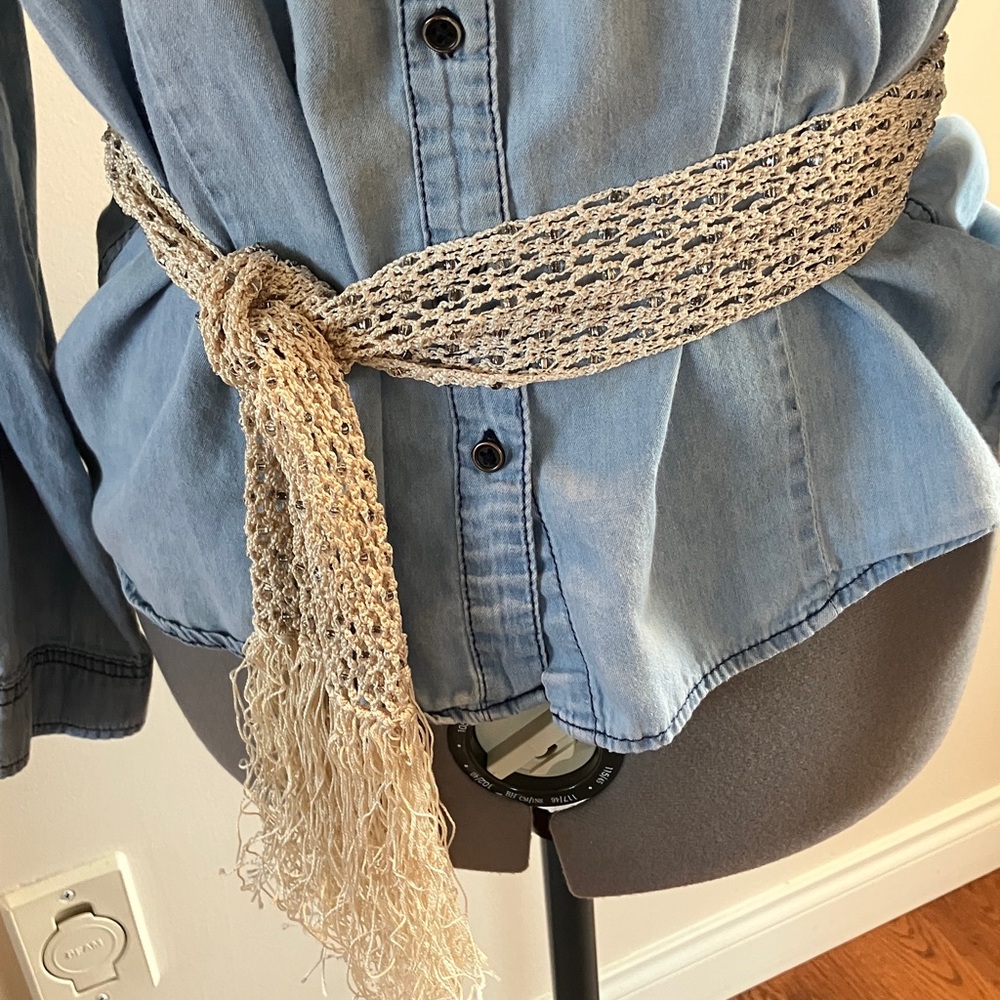 Boho crochet narrow fringed belt or long scarf, open weave with beaded stations